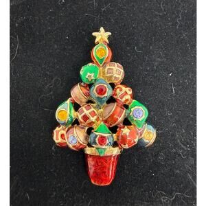 VINTAGE ART Arthur Pepper Christmas Tree Brooch Multicolor Enamel Rhinestone Pin